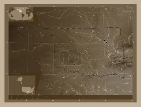 Foto de Oklahoma, estado de los Estados Unidos de América. Mapa de elevación coloreado en tonos sepia con lagos y ríos. Ubicaciones de las principales ciudades de la región. Mapas de ubicación auxiliares de esquina - Imagen libre de derechos