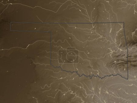 Foto de Oklahoma, estado de los Estados Unidos de América. Mapa de elevación coloreado en tonos sepia con lagos y ríos - Imagen libre de derechos