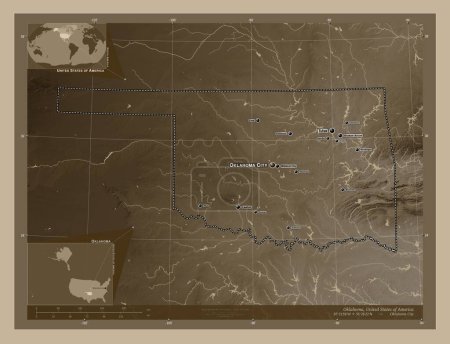Photo for Oklahoma, state of United States of America. Elevation map colored in sepia tones with lakes and rivers. Locations and names of major cities of the region. Corner auxiliary location maps - Royalty Free Image