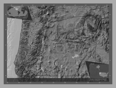 Foto de Oregon, estado de los Estados Unidos de América. Mapa de elevación de Bilevel con lagos y ríos. Ubicaciones y nombres de las principales ciudades de la región. Mapas de ubicación auxiliares de esquina - Imagen libre de derechos