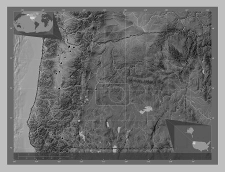 Photo for Oregon, state of United States of America. Grayscale elevation map with lakes and rivers. Locations of major cities of the region. Corner auxiliary location maps - Royalty Free Image