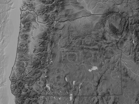Foto de Oregon, estado de los Estados Unidos de América. Mapa de elevación a escala de grises con lagos y ríos - Imagen libre de derechos