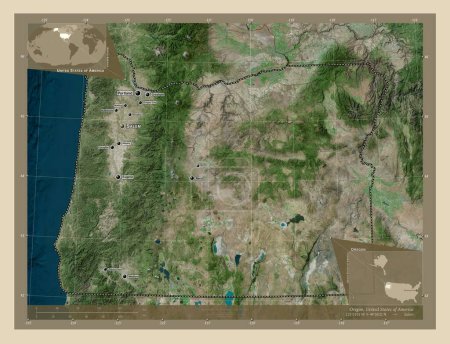 Foto de Oregon, estado de los Estados Unidos de América. Mapa satelital de alta resolución. Ubicaciones y nombres de las principales ciudades de la región. Mapas de ubicación auxiliares de esquina - Imagen libre de derechos