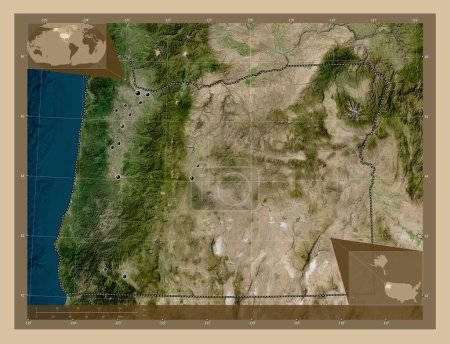 Foto de Oregon, estado de los Estados Unidos de América. Mapa satelital de baja resolución. Ubicaciones de las principales ciudades de la región. Mapas de ubicación auxiliares de esquina - Imagen libre de derechos