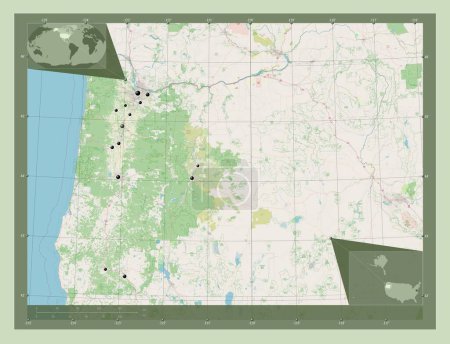 Foto de Oregon, estado de los Estados Unidos de América. Open Street Map. Ubicaciones de las principales ciudades de la región. Mapas de ubicación auxiliares de esquina - Imagen libre de derechos