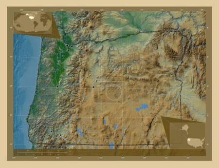 Téléchargez les photos : Oregon, État des États-Unis. Carte d'altitude colorée avec lacs et rivières. Emplacements des grandes villes de la région. Corner cartes de localisation auxiliaires - en image libre de droit