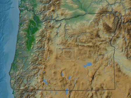 Foto de Oregon, estado de los Estados Unidos de América. Mapa de elevación de colores con lagos y ríos - Imagen libre de derechos