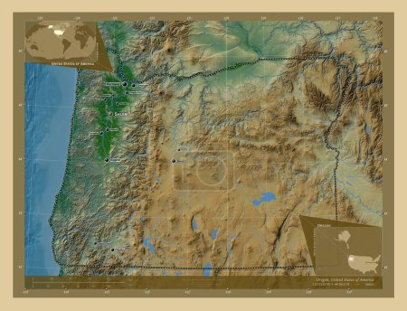 Foto de Oregon, estado de los Estados Unidos de América. Mapa de elevación de colores con lagos y ríos. Ubicaciones y nombres de las principales ciudades de la región. Mapas de ubicación auxiliares de esquina - Imagen libre de derechos