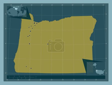 Foto de Oregon, estado de los Estados Unidos de América. Forma de color sólido. Ubicaciones de las principales ciudades de la región. Mapas de ubicación auxiliares de esquina - Imagen libre de derechos