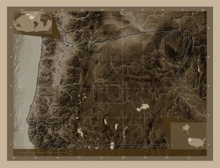Téléchargez les photos : Oregon, État des États-Unis. Carte d'altitude colorée dans des tons sépia avec des lacs et des rivières. Emplacements des grandes villes de la région. Corner cartes de localisation auxiliaires - en image libre de droit