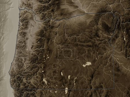 Téléchargez les photos : Oregon, État des États-Unis. Carte d'altitude colorée dans des tons sépia avec des lacs et des rivières - en image libre de droit