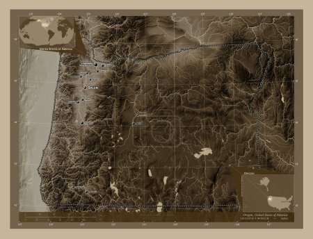 Foto de Oregon, estado de los Estados Unidos de América. Mapa de elevación coloreado en tonos sepia con lagos y ríos. Ubicaciones y nombres de las principales ciudades de la región. Mapas de ubicación auxiliares de esquina - Imagen libre de derechos