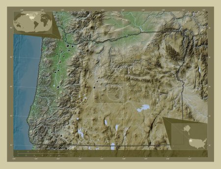 Téléchargez les photos : Oregon, État des États-Unis. Carte d'altitude colorée dans le style wiki avec des lacs et des rivières. Emplacements des grandes villes de la région. Corner cartes de localisation auxiliaires - en image libre de droit