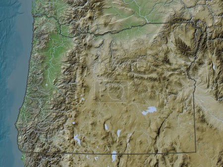 Téléchargez les photos : Oregon, État des États-Unis. Carte d'altitude colorée dans le style wiki avec des lacs et des rivières - en image libre de droit