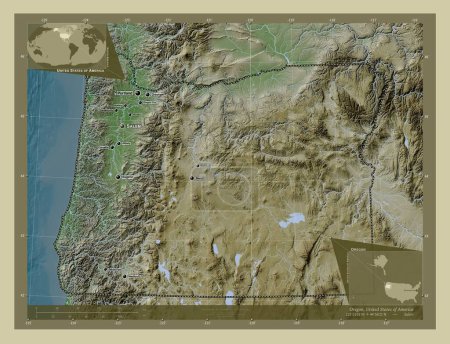 Foto de Oregon, estado de los Estados Unidos de América. Mapa de elevación coloreado en estilo wiki con lagos y ríos. Ubicaciones y nombres de las principales ciudades de la región. Mapas de ubicación auxiliares de esquina - Imagen libre de derechos