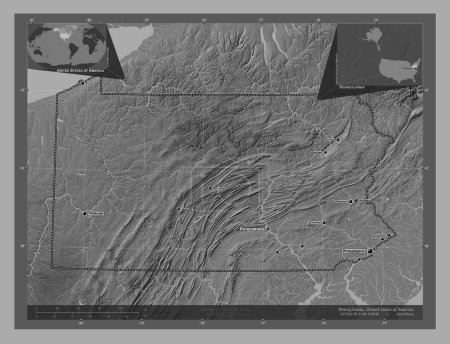Foto de Pensilvania, estado de los Estados Unidos de América. Mapa de elevación de Bilevel con lagos y ríos. Ubicaciones y nombres de las principales ciudades de la región. Mapas de ubicación auxiliares de esquina - Imagen libre de derechos