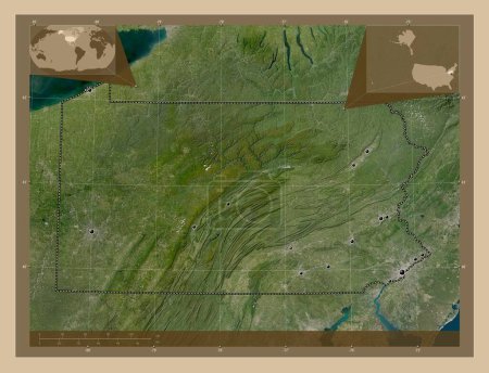 Foto de Pensilvania, estado de los Estados Unidos de América. Mapa satelital de baja resolución. Ubicaciones de las principales ciudades de la región. Mapas de ubicación auxiliares de esquina - Imagen libre de derechos