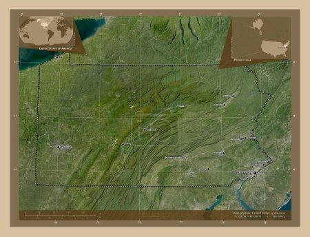 Foto de Pensilvania, estado de los Estados Unidos de América. Mapa satelital de baja resolución. Ubicaciones y nombres de las principales ciudades de la región. Mapas de ubicación auxiliares de esquina - Imagen libre de derechos