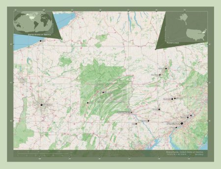 Foto de Pensilvania, estado de los Estados Unidos de América. Open Street Map. Ubicaciones y nombres de las principales ciudades de la región. Mapas de ubicación auxiliares de esquina - Imagen libre de derechos