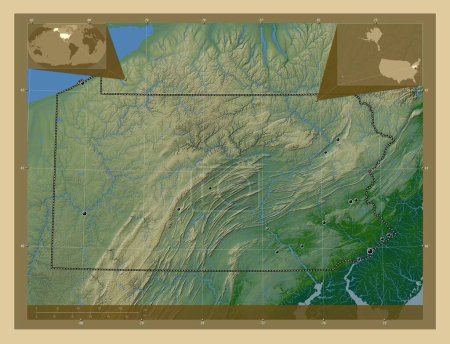 Foto de Pensilvania, estado de los Estados Unidos de América. Mapa de elevación de colores con lagos y ríos. Ubicaciones de las principales ciudades de la región. Mapas de ubicación auxiliares de esquina - Imagen libre de derechos