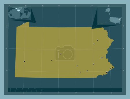 Photo for Pennsylvania, state of United States of America. Solid color shape. Locations of major cities of the region. Corner auxiliary location maps - Royalty Free Image