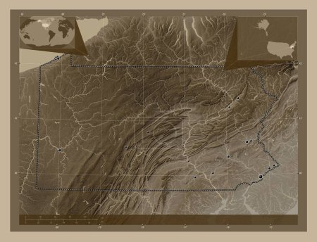 Photo for Pennsylvania, state of United States of America. Elevation map colored in sepia tones with lakes and rivers. Locations of major cities of the region. Corner auxiliary location maps - Royalty Free Image