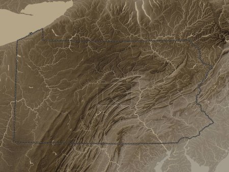 Foto de Pensilvania, estado de los Estados Unidos de América. Mapa de elevación coloreado en tonos sepia con lagos y ríos - Imagen libre de derechos
