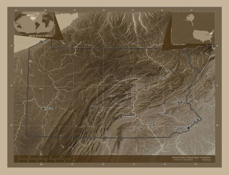 Photo for Pennsylvania, state of United States of America. Elevation map colored in sepia tones with lakes and rivers. Locations and names of major cities of the region. Corner auxiliary location maps - Royalty Free Image