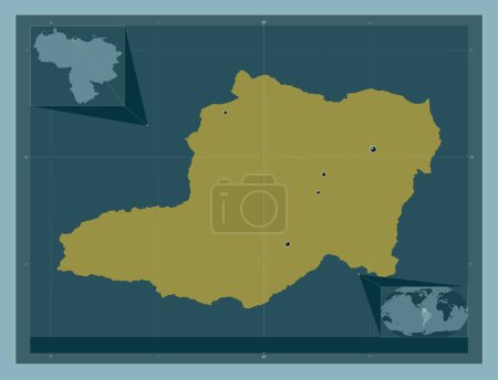 Foto de Distrito Capital, estado de Venezuela. Forma de color sólido. Ubicaciones de las principales ciudades de la región. Mapas de ubicación auxiliares de esquina - Imagen libre de derechos