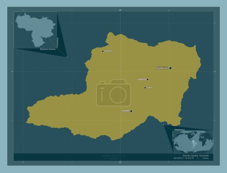 Foto de Distrito Capital, estado de Venezuela. Forma de color sólido. Ubicaciones y nombres de las principales ciudades de la región. Mapas de ubicación auxiliares de esquina - Imagen libre de derechos