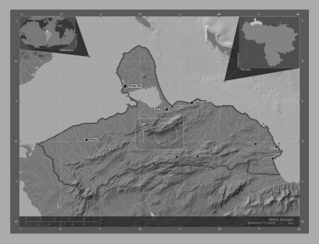 Photo for Falcon, state of Venezuela. Bilevel elevation map with lakes and rivers. Locations and names of major cities of the region. Corner auxiliary location maps - Royalty Free Image