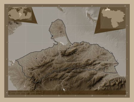 Téléchargez les photos : Falcon, état du Venezuela. Carte d'altitude colorée dans des tons sépia avec des lacs et des rivières. Emplacements des grandes villes de la région. Corner cartes de localisation auxiliaires - en image libre de droit