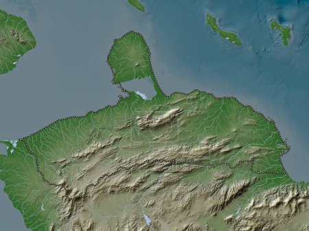 Téléchargez les photos : Falcon, état du Venezuela. Carte d'altitude colorée dans le style wiki avec des lacs et des rivières - en image libre de droit
