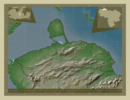 Téléchargez les photos : Falcon, état du Venezuela. Carte d'altitude colorée dans le style wiki avec des lacs et des rivières. Corner cartes de localisation auxiliaires - en image libre de droit