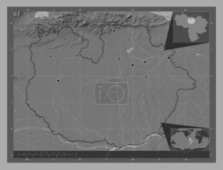 Foto de Guarico, estado de Venezuela. Mapa de elevación de Bilevel con lagos y ríos. Ubicaciones de las principales ciudades de la región. Mapas de ubicación auxiliares de esquina - Imagen libre de derechos