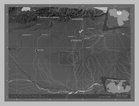 Foto de Guarico, estado de Venezuela. Mapa de elevación a escala de grises con lagos y ríos. Ubicaciones y nombres de las principales ciudades de la región. Mapas de ubicación auxiliares de esquina - Imagen libre de derechos