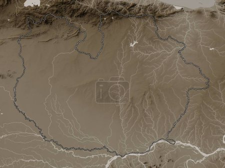 Foto de Guarico, estado de Venezuela. Mapa de elevación coloreado en tonos sepia con lagos y ríos - Imagen libre de derechos