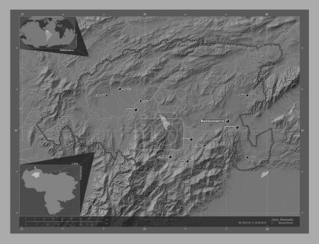 Photo pour Lara, État du Venezuela. Carte d'altitude de Bilevel avec lacs et rivières. Emplacements et noms des grandes villes de la région. Corner cartes de localisation auxiliaires - image libre de droit