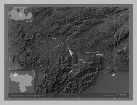 Photo pour Lara, État du Venezuela. Carte d'altitude en niveaux de gris avec lacs et rivières. Emplacements et noms des grandes villes de la région. Corner cartes de localisation auxiliaires - image libre de droit