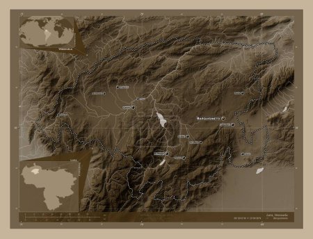 Photo pour Lara, État du Venezuela. Carte d'altitude colorée dans des tons sépia avec des lacs et des rivières. Emplacements et noms des grandes villes de la région. Corner cartes de localisation auxiliaires - image libre de droit