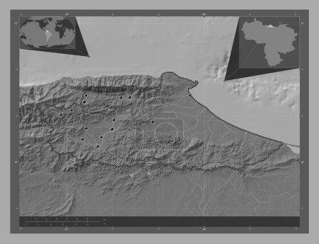Foto de Miranda, estado de Venezuela. Mapa de elevación de Bilevel con lagos y ríos. Ubicaciones de las principales ciudades de la región. Mapas de ubicación auxiliares de esquina - Imagen libre de derechos
