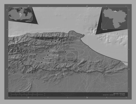 Foto de Miranda, estado de Venezuela. Mapa de elevación de Bilevel con lagos y ríos. Ubicaciones y nombres de las principales ciudades de la región. Mapas de ubicación auxiliares de esquina - Imagen libre de derechos