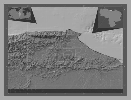 Photo for Miranda, state of Venezuela. Bilevel elevation map with lakes and rivers. Corner auxiliary location maps - Royalty Free Image