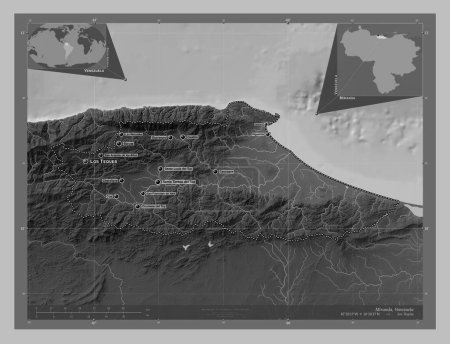 Téléchargez les photos : Miranda, État du Venezuela. Carte d'altitude en niveaux de gris avec lacs et rivières. Emplacements et noms des grandes villes de la région. Corner cartes de localisation auxiliaires - en image libre de droit