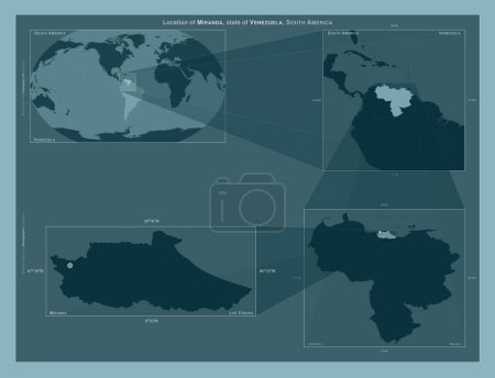 Photo for Miranda, state of Venezuela. Diagram showing the location of the region on larger-scale maps. Composition of vector frames and PNG shapes on a solid background - Royalty Free Image