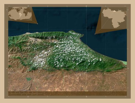 Photo for Miranda, state of Venezuela. Low resolution satellite map. Locations of major cities of the region. Corner auxiliary location maps - Royalty Free Image