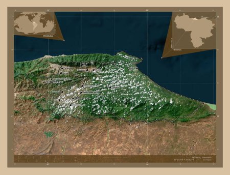 Foto de Miranda, estado de Venezuela. Mapa satelital de baja resolución. Ubicaciones y nombres de las principales ciudades de la región. Mapas de ubicación auxiliares de esquina - Imagen libre de derechos