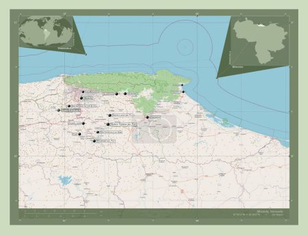 Foto de Miranda, estado de Venezuela. Open Street Map. Ubicaciones y nombres de las principales ciudades de la región. Mapas de ubicación auxiliares de esquina - Imagen libre de derechos