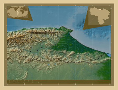 Photo for Miranda, state of Venezuela. Colored elevation map with lakes and rivers. Locations of major cities of the region. Corner auxiliary location maps - Royalty Free Image
