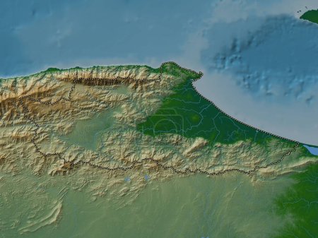 Foto de Miranda, estado de Venezuela. Mapa de elevación de colores con lagos y ríos - Imagen libre de derechos